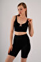 Women's Black Crop Strap Bustier Blouse with Heart Detail on the Front and Removable Pads