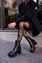 Bacio Women's Black Genuine Leather Platform Heeled Boots