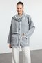 Gray Soft Textured Wide Fit Scarf Beard Detailed Knitwear Cardigan Twoaw25Hi00006