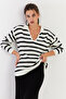 Women's Ecru-Black Polo Collar Striped Knitwear Sweater Se01