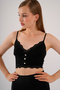 Women's Black Crop Strap Button Detailed Lace Bustier Blouse with Removable Pads
