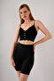 Women's Black Crop Strap Button Detailed Lace Bustier Blouse with Removable Pads - 2