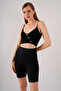 Women's Black Crop Side Button Detailed Strappy Bustier Blouse with Removable Pads - 2