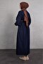 Metallic Buttons Crew Neck Jean Hijab Dress Navy - 2