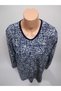 Women's Navy Blue Print V-Neck Long Sleeve Seasonal Suede Mother Combed Cotton T-Shirt Blouse with Slits on the Sides - 4
