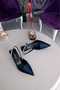 Navy Blue Satin Jewelled Scarf 9 cm Square Heeled Wedding Dress Women's Shoes - 3