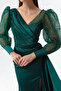 Women's Emerald Green Slim Fit Double-Breasted Neckline Glitter Long Satin Evening Dress - 4
