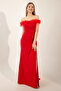 Women's Red Slim Fit Otrishli Boat Neck Slit Long Evening Dress - 4