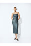 Long Sequined Dress with Thin Straps Slim Fit Square Neckline