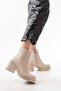 767-3020 Beige Zippered Thick Heeled Daily Women's Boots