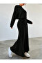 Black Long Sleeve Round Neck Bottom Top Slinky Dress Set - 2