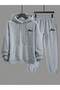 3 İplik Enjoy Stripe Sweatshirt Sweatpants Jogger - Gray Printed Sweatpants Set with Hood - 3