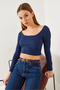 Women's Navy Blue Square Neck Long Sleeve Basic Crop Blouse 2405 60351046 - 5