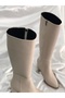Ornella Beige Leather Women's Daily Zippered Elastic Thick Heel Boots - 6