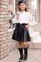 Girl's Collar Tie Shirt Knitwear Cardigan Black Leather Skirt Set - 3