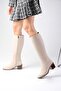 Albertine Beige Color Zippered, Thin Faux Fur Lined Thick Heeled Women's Boots - 3