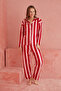 Pink-Red Striped Patterned Front Buttoned Suede Pajama Set - 2