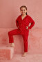 Red Star Patterned Front Buttoned Suede Pajama Set - 3