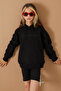 Black chest graphic kangaroo pocket hooded girls' sweatshirt 19336 - 5
