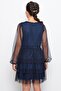 Stone Accessory Detailed Tulle Children's Evening Dress Navy Blue Tbs358 - 6