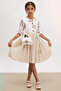 Beige Rose Patterned Short Sleeve Bag Girl's Pleated Dress 18193 - 2
