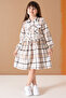 Coffee Color Striped Patterned Belted Long Sleeve Girls' Dress 19689