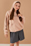 Beige Printed Girls' Striped Hooded Sweatshirt 19220