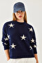 Women's Navy Blue Crew Neck Star Patterned Knitwear Sweater 20247536 - 4