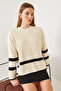 Women's Ecru Black Crew Neck Knitwear Sweater with Buttons on the Sides 20247529 - 2