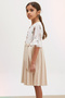 Beige Rose Patterned Short Sleeve Bag Girl's Pleated Dress 18193 - 4