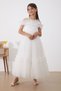 White Jewelled Feather Detailed Girl's Tulle Evening Dress
