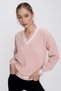 Women's Powder V-Neck Contrast Line Detailed Comfortable Fit Thessaloniki Knitwear Sweater 22wk209