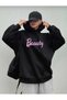 Unisex Black Printed Oversize Winter Cotton Hooded Sweatshirt