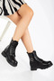 Women's Black Buckle Detailed Thick Heeled Zippered Lace up Boots - 3
