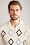 Baklava Pattern Polo Neck Lambswool Ecru Sweater - 3