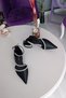 Black Satin Three Rows of Stones 2.5 cm Heeled Ankle Belted Evening Dress Ballerina Women's Shoes - 2