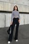 Black Striped Turtleneck Crop Top and Flared Pants K Ribbed Knit Two-Piece Set