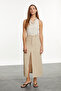 Women's Stone Color Linen Blend Degaje Collar Blouse - 4