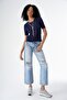 Women's Crew Neck Openwork Short Sleeve Knitwear Sweater Navy Blue 24S167 - 3