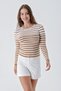 Women's Crew Neck Contrast Line Detailed Regular Fit Knitwear Sweater Tan-White 24W106