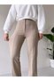 Women's Beige High Waist Ribbed Stitched Lycra Knitted Trousers - 2