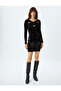 Velvet Dress Mini Long Sleeve Window Detailed Metal Accessory Slim Fit - 3
