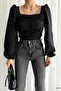 Black Front Drape Detail Crepe Fabric Long Sleeve Blouse