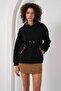 Women's Black Ethnic Patterned Hooded Ribbed Oversize Sweatshirt Hzl25W-Bd 1554431