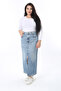 Women's Large Size Blue Washing Effect Front Slit Denim Skirt 65N38406 - 3