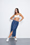 Blue Front Slit Midi Denim Skirt - 5