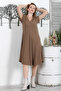 Light Brown V-Neck Low Sleeve Casual Muslin Woven Dress - 4