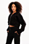 Crop hooded zippered kangaroo pocket black women's sweatshirt - lumen - 4