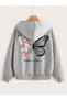 Floral Butterfly Zippered Cardigan - Gray Printed Oversize Pocket Winter Hoodie
