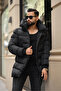 Men's Winter Long Coat with Hooded Side Zipper Detail - 5